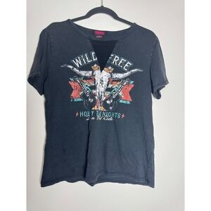 Rock & Roll Cowgirl Wild & Free Honky Tonk Nights Mesh V-Neck Graphic Tee Grey